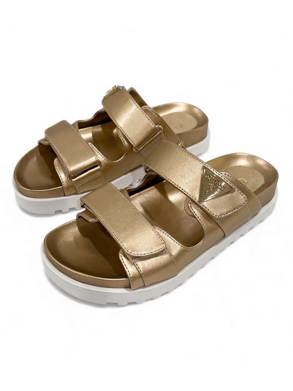 Guess Fabula Lug Sole Logo Slide Sandals Adjustable Straps Metallic Gold 6 NEW